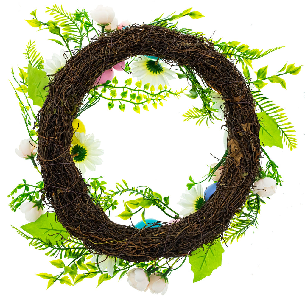 Festive Easter Floral Door Wreath with Pastel Speckled Eggs