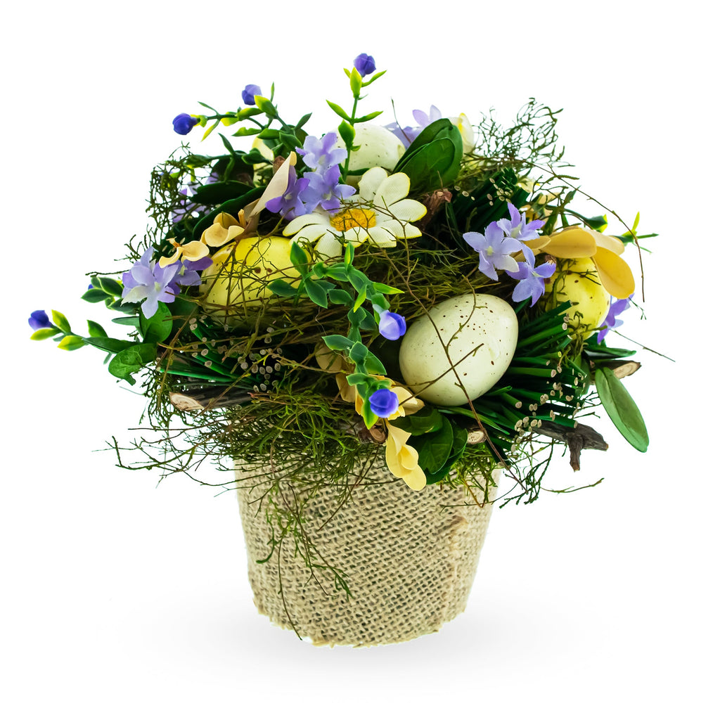 Easter Egg & Floral Arrangement – Rustic Spring Tabletop Decor in Burlap Pot 6.4 Inches Tall