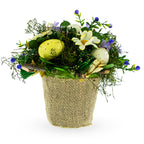 Easter Egg & Floral Arrangement – Rustic Spring Tabletop Decor in Burlap Pot 6.4 Inches Tall