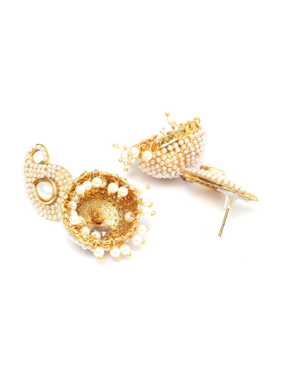 Anikas Creation Off-White & Gold-Polished Contemporary Jhumkas