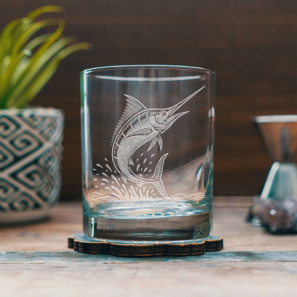 Marlin Etched Old-Fashioned Glass - 12 oz