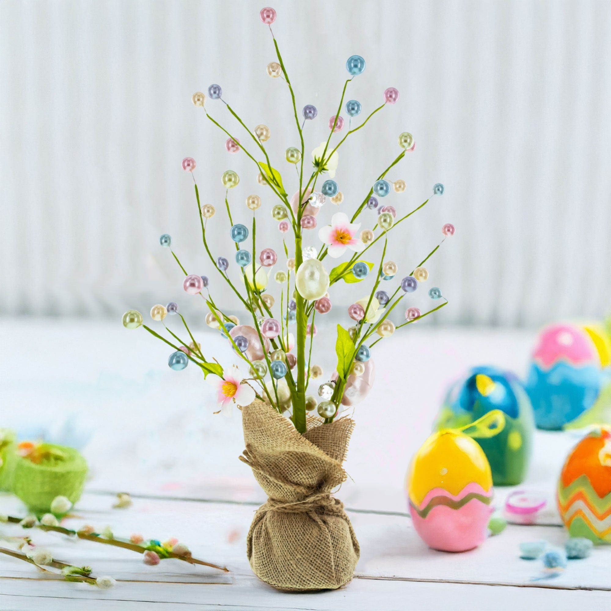 Easter Berry & Egg Floral Branch Arrangement Spring Tabletop Centerpiece with Burlap Base 17.5 Inches Easter > Figurines La Vie Bien Easter Berry & Egg Floral Branch Arrangement Spring Tabletop Centerpiece with Burlap Base 17.5 Inches
