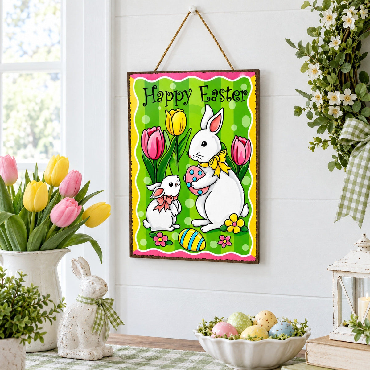 Easter Bunny Decorative Wall Sign Spring Egg Hunt Hanging Plaque with Flowers 10 Inches Tall Easter > Wall Decorations La Vie Bien Easter Bunny Decorative Wall Sign Spring Egg Hunt Hanging Plaque with Flowers 10 Inches Tall