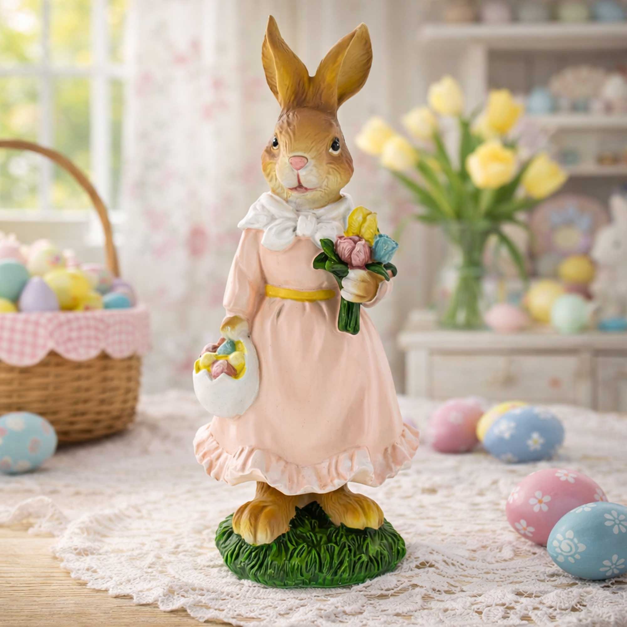 Easter Bunny Figurine with Flowers - Spring Rabbit Decor 8.7 Inches Easter > Figurines > Bunnies La Vie Bien Easter Bunny Figurine with Flowers - Spring Rabbit Decor 8.7 Inches