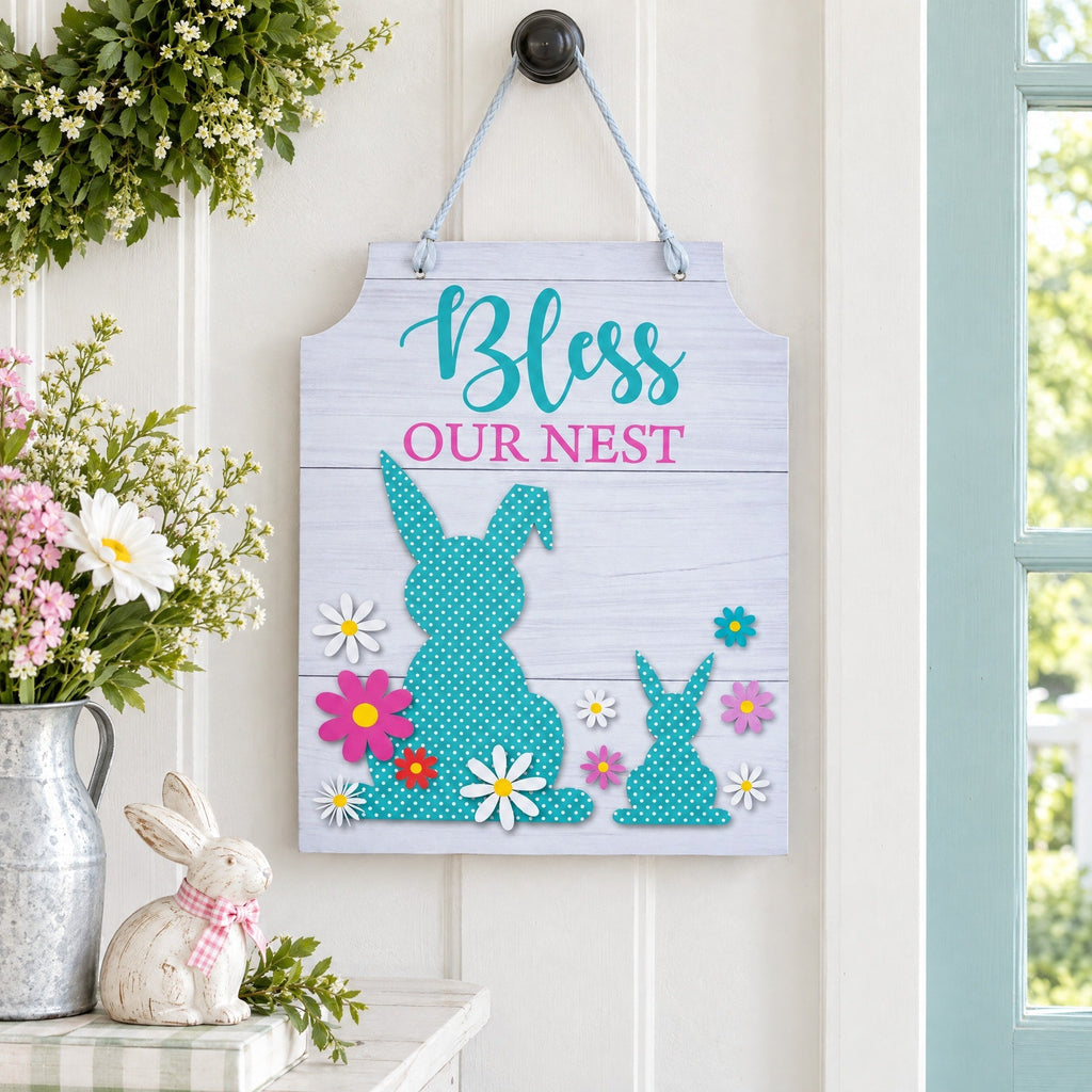 Easter Bunny Hanging Wall Sign With Pastel Florals Decor 11.5 Inches Tall Easter > Wall Decorations La Vie Bien Easter Bunny Hanging Wall Sign With Pastel Florals Decor 11.5 Inches Tall