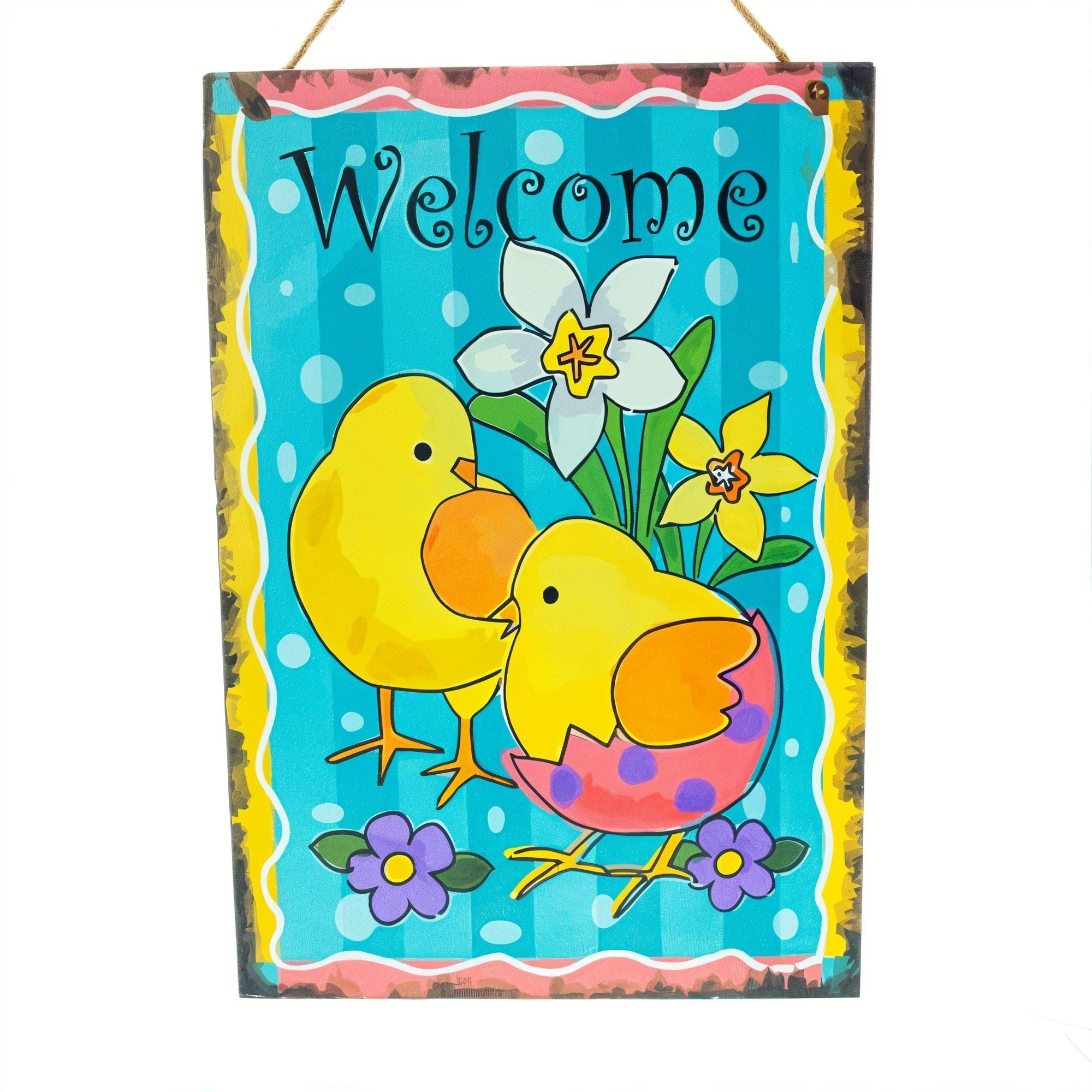 Easter Chick Decorative Wall Sign Spring Welcome Hanging Plaque with Floral Design 10 Inches Easter > Wall Decorations La Vie Bien Easter Chick Decorative Wall Sign Spring Welcome Hanging Plaque with Floral Design 10 Inches