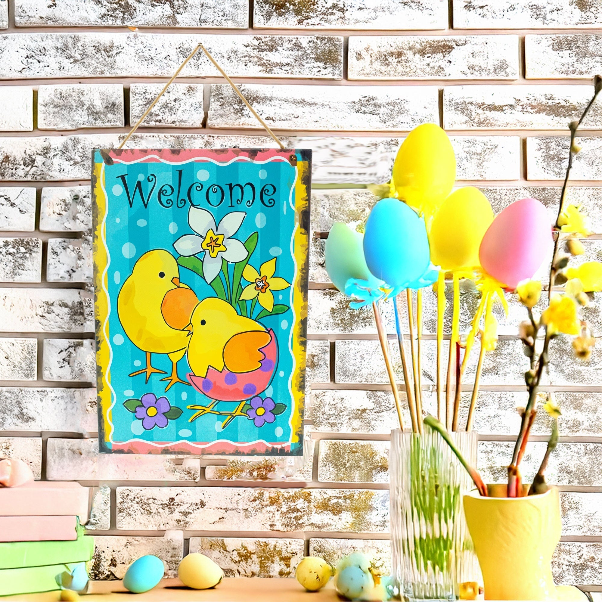 Easter Chick Decorative Wall Sign Spring Welcome Hanging Plaque with Floral Design 10 Inches Easter > Wall Decorations La Vie Bien Easter Chick Decorative Wall Sign Spring Welcome Hanging Plaque with Floral Design 10 Inches