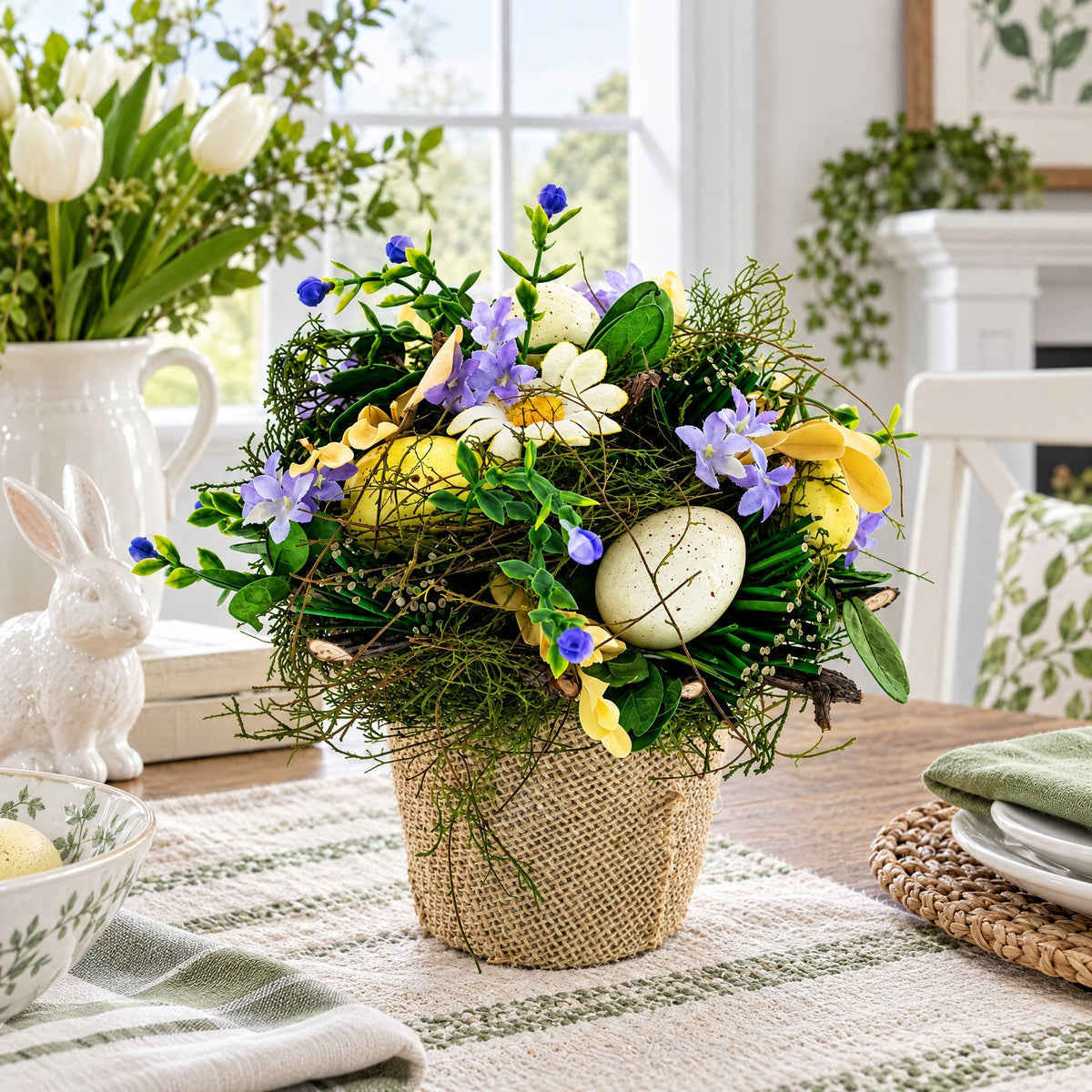 Easter Egg & Floral Arrangement – Rustic Spring Tabletop Decor in Burlap Pot 6.4 Inches Tall Easter > Figurines La Vie Bien Easter Egg & Floral Arrangement – Rustic Spring Tabletop Decor in Burlap Pot 6.4 Inches Tall