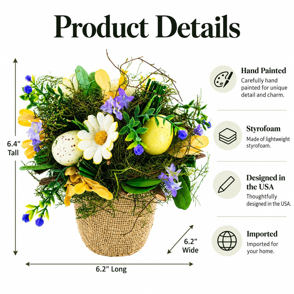 Easter Egg & Floral Arrangement – Rustic Spring Tabletop Decor in Burlap Pot 6.4 Inches Tall Easter > Figurines La Vie Bien Easter Egg & Floral Arrangement – Rustic Spring Tabletop Decor in Burlap Pot 6.4 Inches Tall