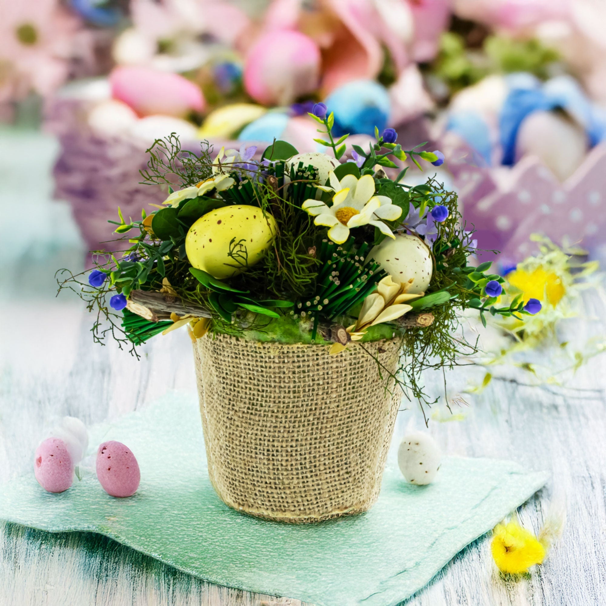 Easter Egg & Floral Arrangement – Rustic Spring Tabletop Decor in Burlap Pot 6.4 Inches Tall Easter > Figurines La Vie Bien Easter Egg & Floral Arrangement – Rustic Spring Tabletop Decor in Burlap Pot 6.4 Inches Tall