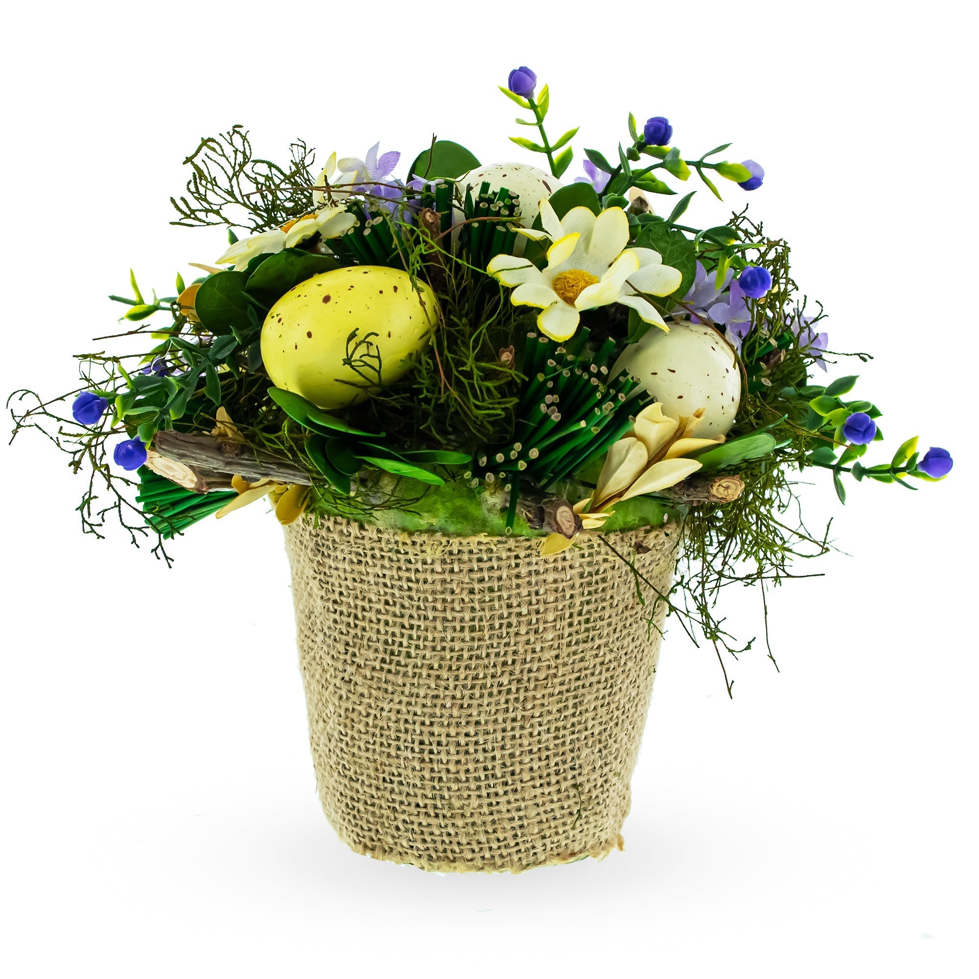 Easter Egg & Floral Arrangement – Rustic Spring Tabletop Decor in Burlap Pot 6.4 Inches Tall Easter > Figurines La Vie Bien Easter Egg & Floral Arrangement – Rustic Spring Tabletop Decor in Burlap Pot 6.4 Inches Tall