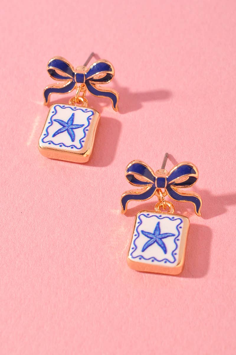 Bow Enamel Post Earrings - Starfish or Palm Tree