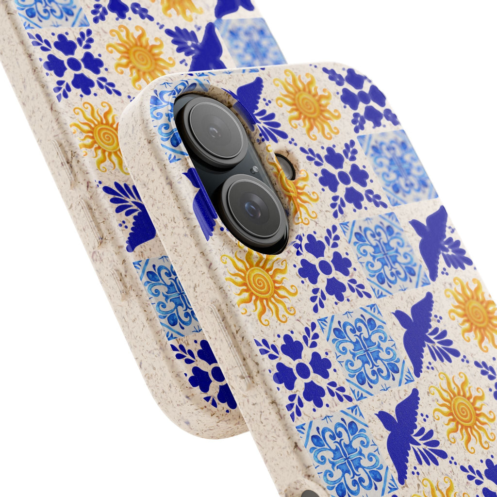 Eco friendly Blue Sun and Bird Talavera sol Tile Pattern Phone Case | Biodegradable Case Phone Case La Vie Bien Eco friendly Blue Sun and Bird Talavera sol Tile Pattern Phone Case | Biodegradable Case
