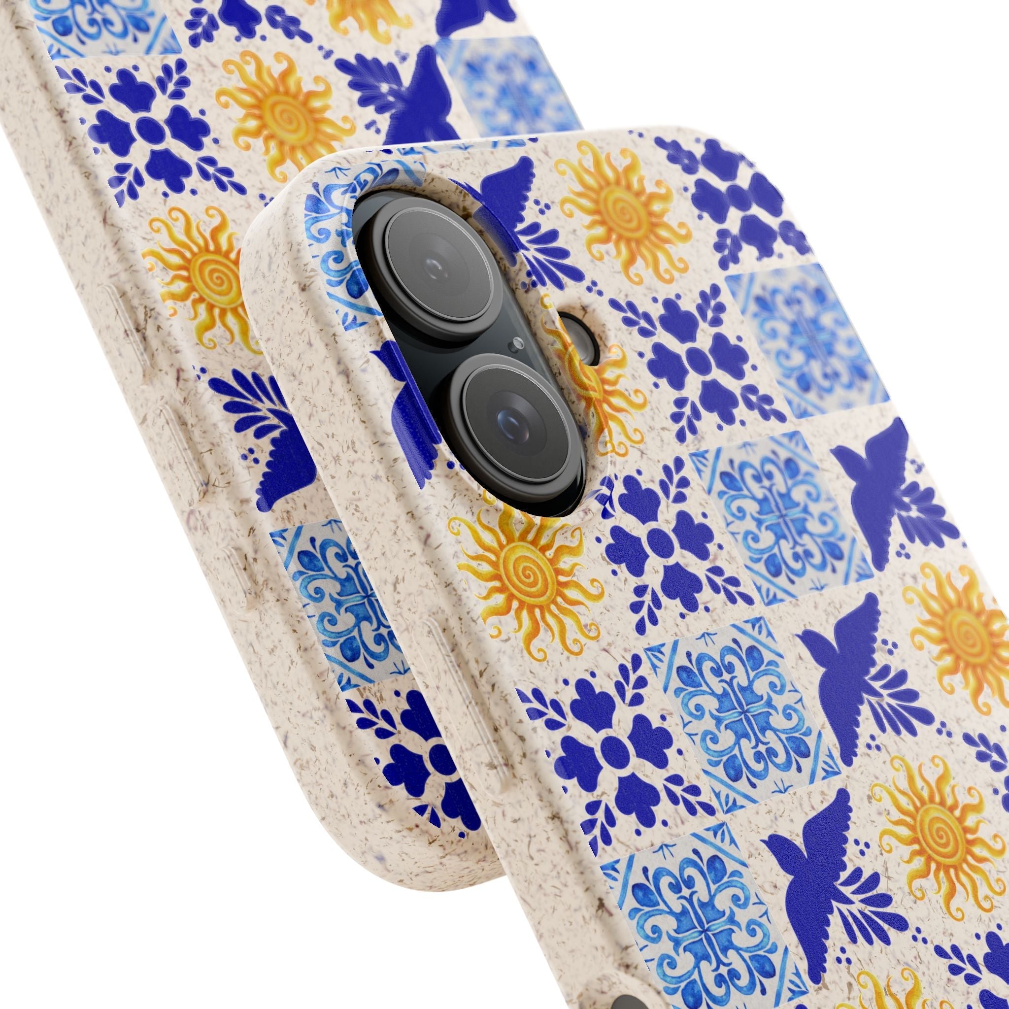 Eco friendly Blue Sun and Bird Talavera sol Tile Pattern Phone Case | Biodegradable Case Phone Case La Vie Bien Eco friendly Blue Sun and Bird Talavera sol Tile Pattern Phone Case | Biodegradable Case
