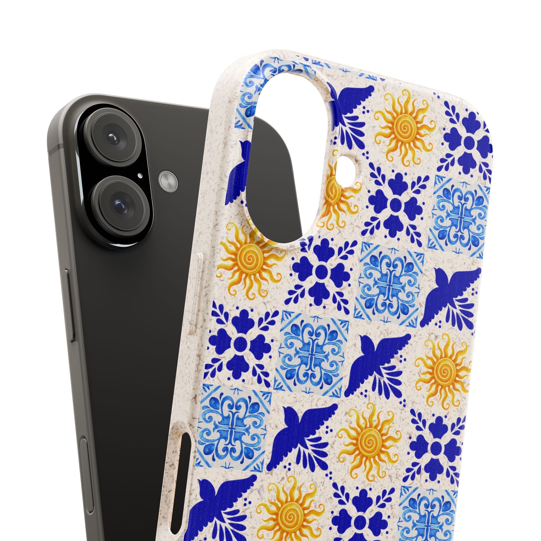 Eco friendly Blue Sun and Bird Talavera sol Tile Pattern Phone Case | Biodegradable Case Phone Case La Vie Bien Eco friendly Blue Sun and Bird Talavera sol Tile Pattern Phone Case | Biodegradable Case