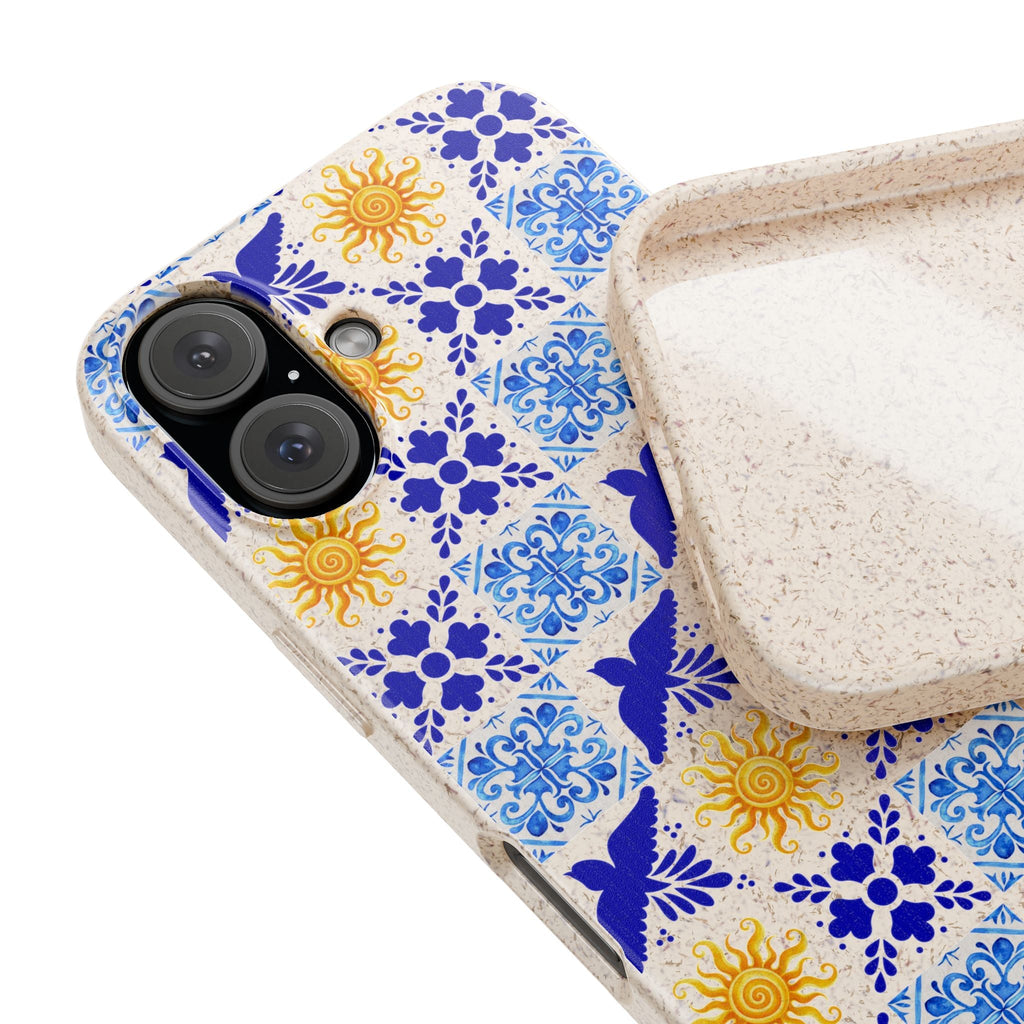 Eco friendly Blue Sun and Bird Talavera sol Tile Pattern Phone Case | Biodegradable Case Phone Case La Vie Bien Eco friendly Blue Sun and Bird Talavera sol Tile Pattern Phone Case | Biodegradable Case