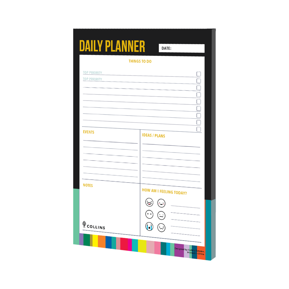 Daily planner with colorful tabs on a white background