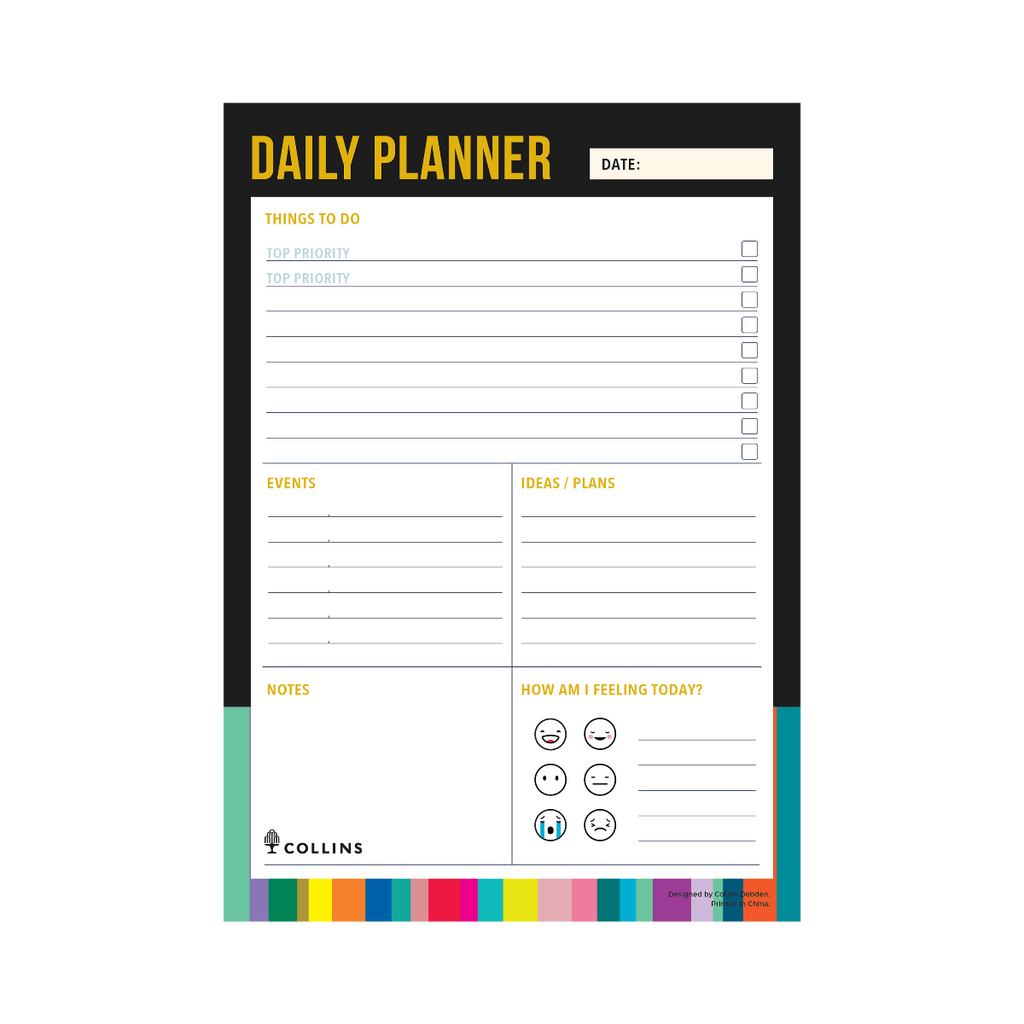 Daily planner with various sections and a colorful footer on a white background