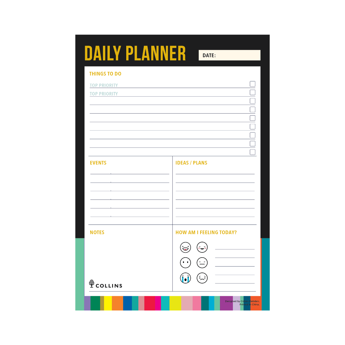 Daily planner with various sections and a colorful footer on a white background
