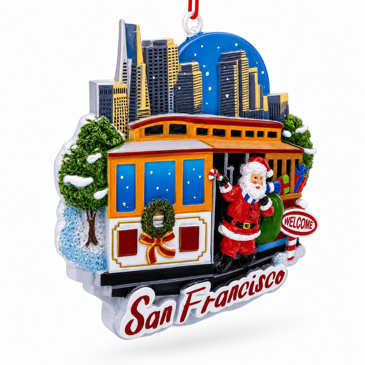 San Francisco Cable Car Santa and City Skyline Resin Christmas Ornament