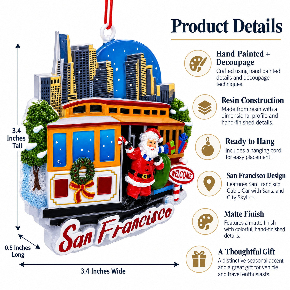 San Francisco Cable Car Santa and City Skyline Resin Christmas Ornament