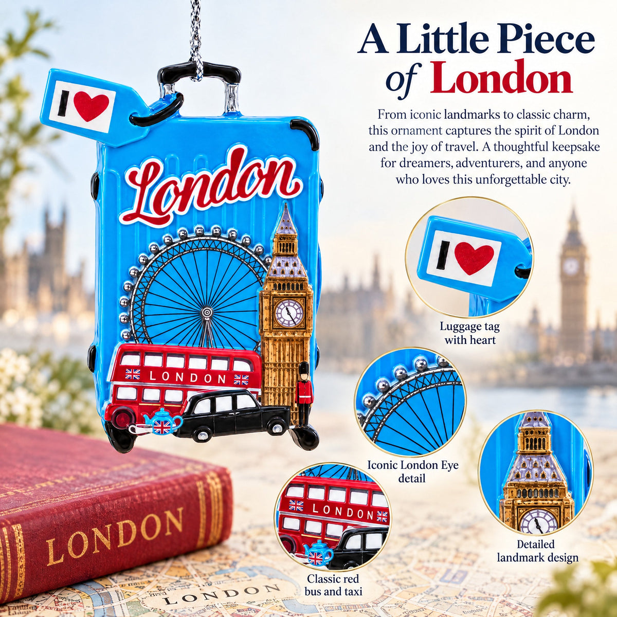 London Travel Souvenir Suitacase Luggage Big Ben Resin Christmas Ornament