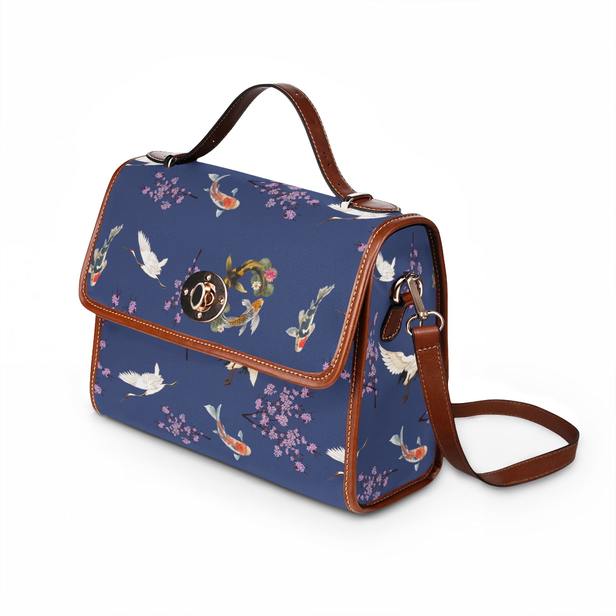 Elegant Cherry blossom, Koi and Crane Waterproof Canvas Bag, Floral Japanese nature Inspired Satchel Bags La Vie Bien Elegant Cherry blossom, Koi and Crane Waterproof Canvas Bag, Floral Japanese nature Inspired Satchel