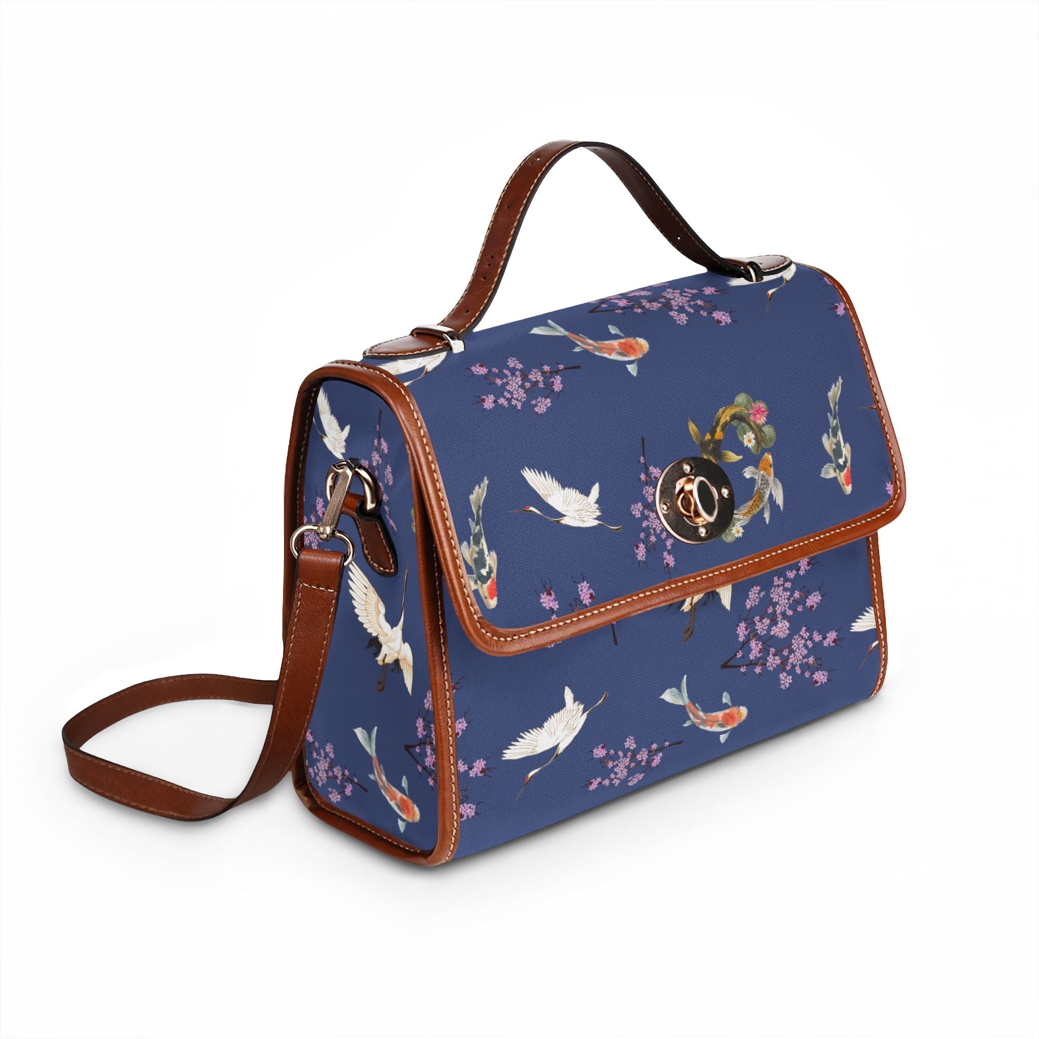 Elegant Cherry blossom, Koi and Crane Waterproof Canvas Bag, Floral Japanese nature Inspired Satchel Bags La Vie Bien Elegant Cherry blossom, Koi and Crane Waterproof Canvas Bag, Floral Japanese nature Inspired Satchel