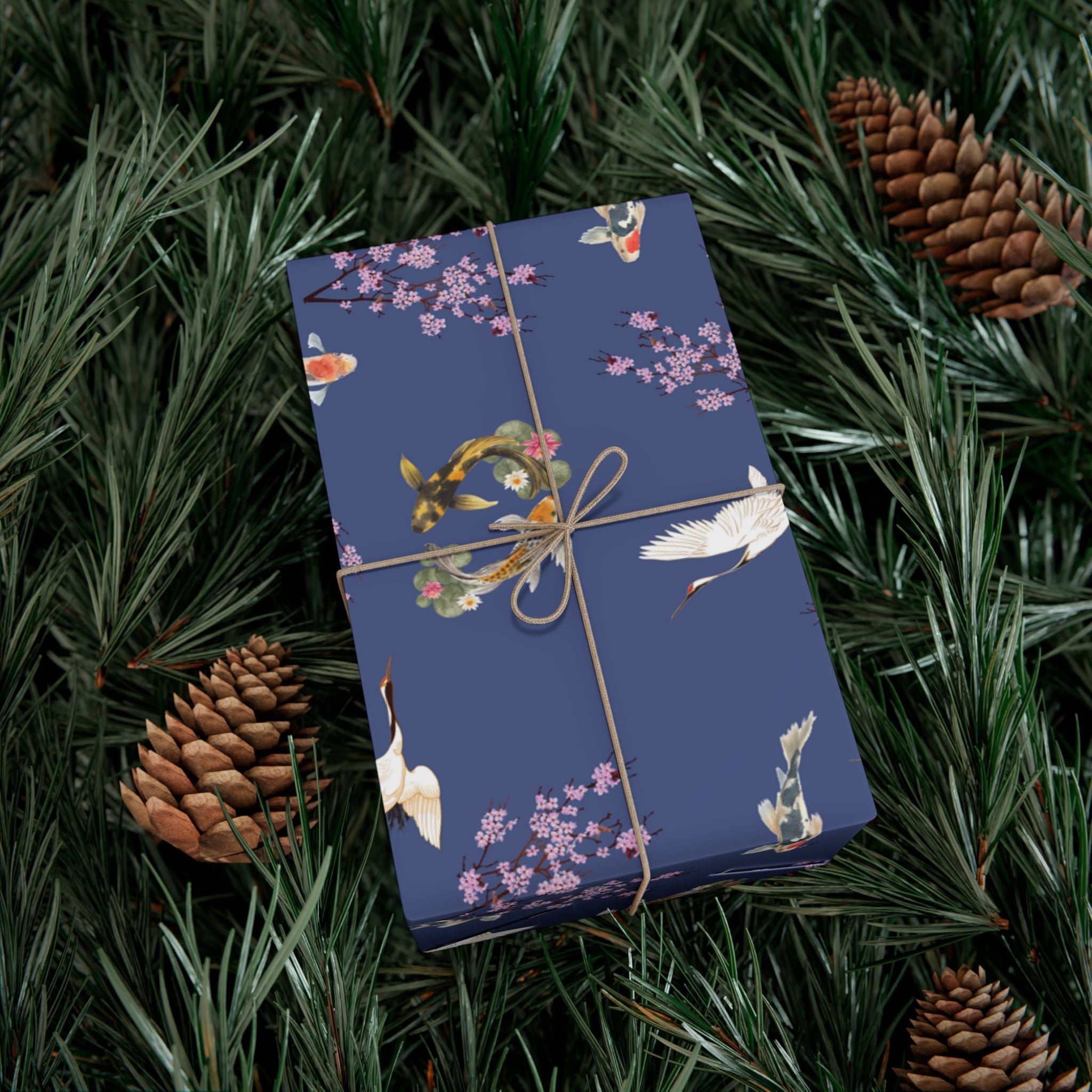 Elegant Koi Fish Cherry Blossom Gift Wrap, indigo Blue Wrapping Paper, Crane Pattern Home Decor La Vie Bien Elegant Koi Fish Cherry Blossom Gift Wrap, indigo Blue Wrapping Paper, Crane Pattern