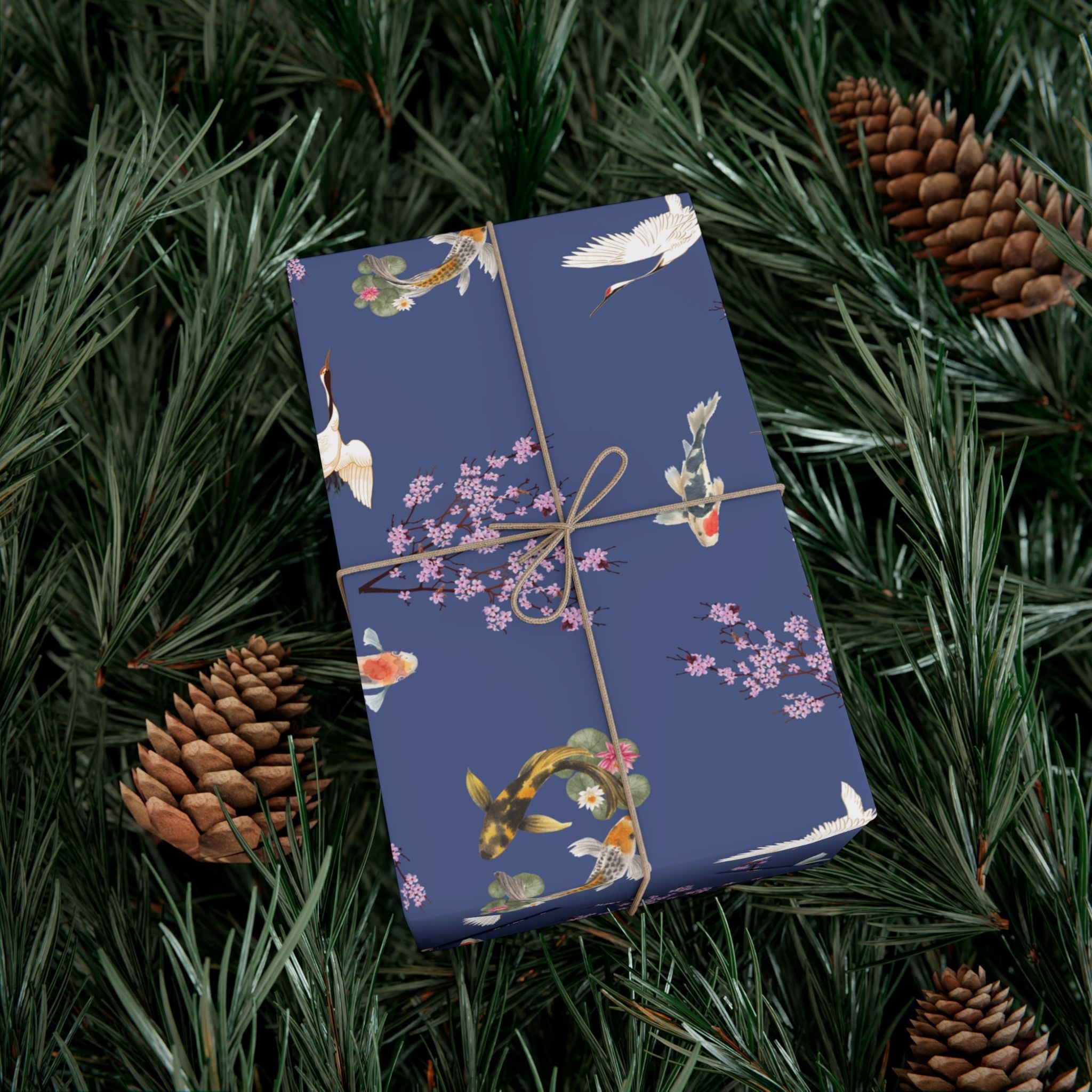 Elegant Koi Fish Cherry Blossom Gift Wrap, indigo Blue Wrapping Paper, Crane Pattern Home Decor La Vie Bien Elegant Koi Fish Cherry Blossom Gift Wrap, indigo Blue Wrapping Paper, Crane Pattern