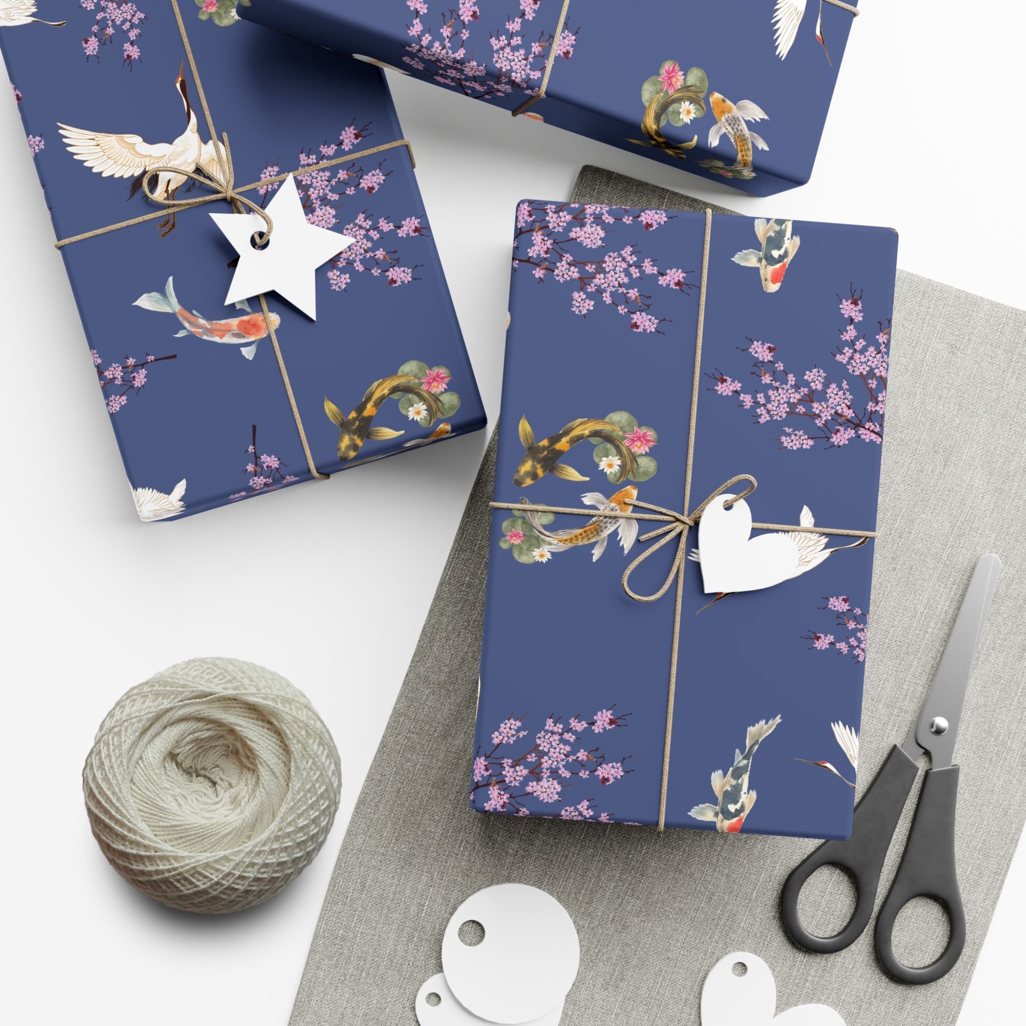 Elegant Koi Fish Cherry Blossom Gift Wrap, indigo Blue Wrapping Paper, Crane Pattern Home Decor La Vie Bien Elegant Koi Fish Cherry Blossom Gift Wrap, indigo Blue Wrapping Paper, Crane Pattern