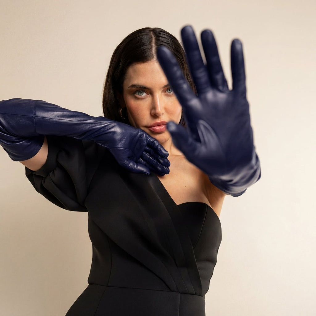 Elena (navy) - Italian silk lined 16-button length leather opera gloves opera gloves La Vie Bien Elena (navy) - Italian silk lined 16-button length leather opera gloves