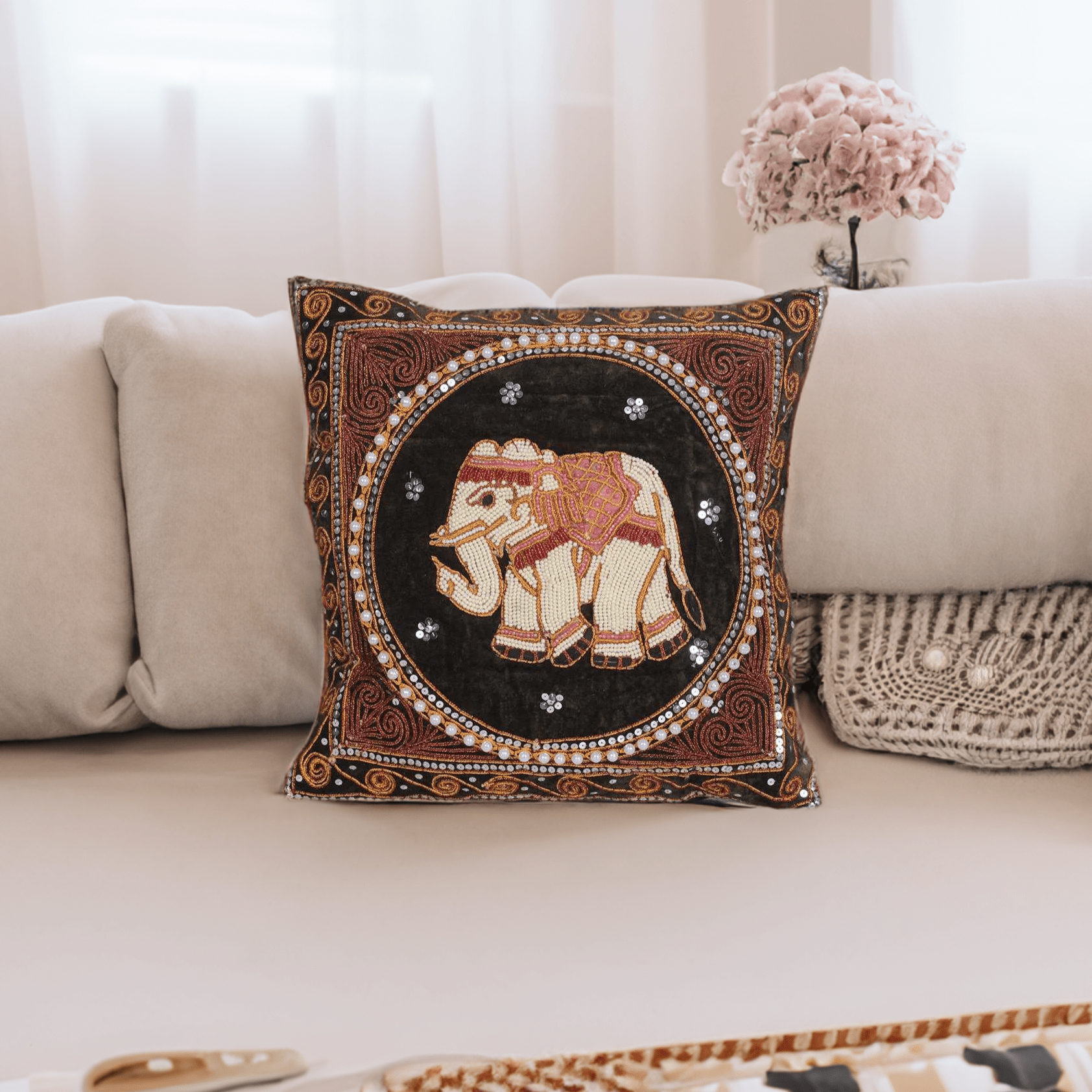 Elephant Tapestry Beaded Embroidered Cushion - Thailand Decor La Vie Bien Elephant Tapestry Beaded Embroidered Cushion - Thailand