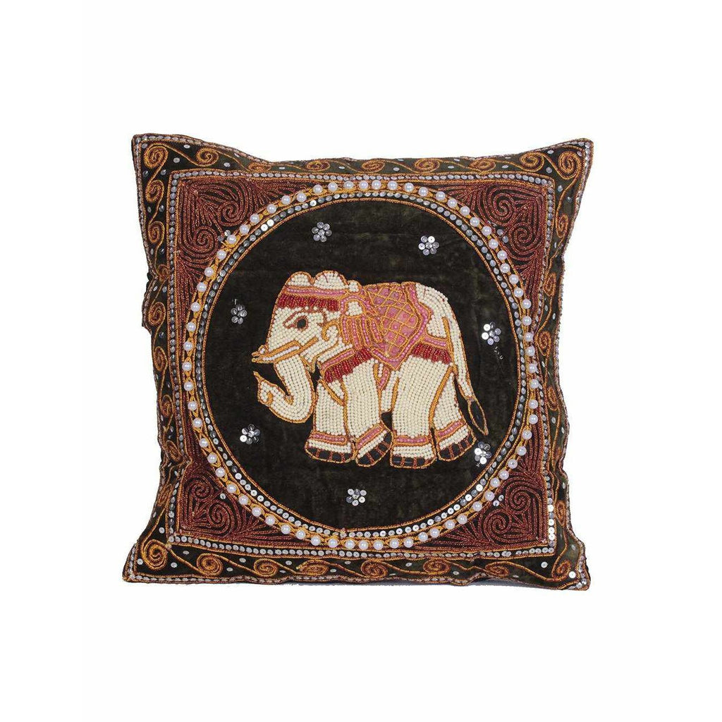 Elephant Tapestry Beaded Embroidered Cushion - Thailand Decor La Vie Bien Elephant Tapestry Beaded Embroidered Cushion - Thailand