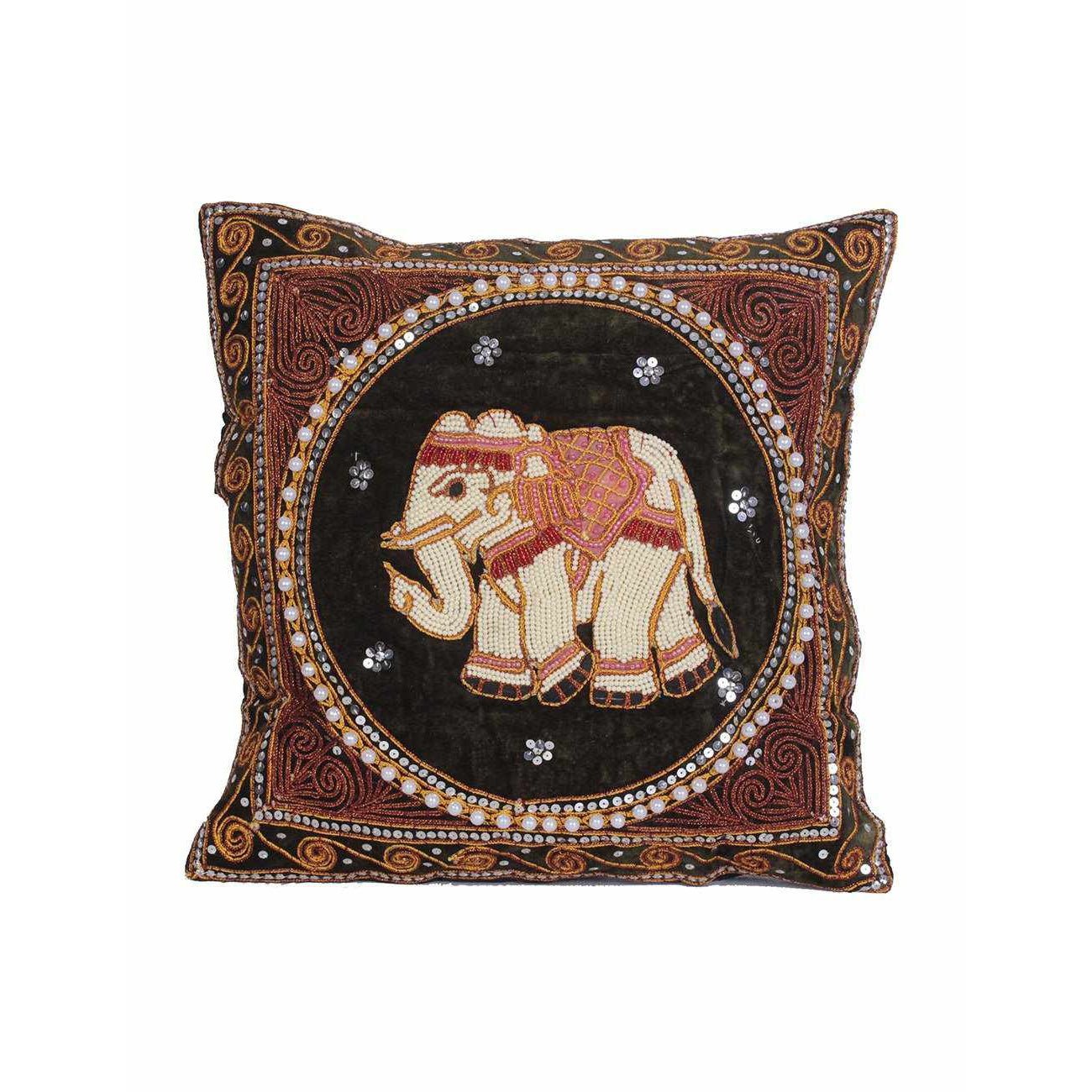 Elephant Tapestry Beaded Embroidered Cushion - Thailand Decor La Vie Bien Elephant Tapestry Beaded Embroidered Cushion - Thailand