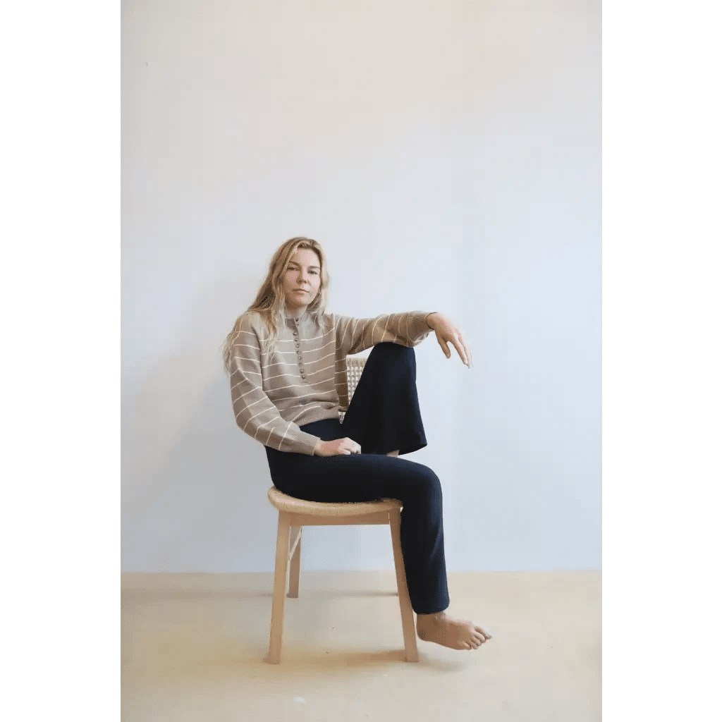 Ellen Henley Sweater in Beige with White Stripes by Polished Prints