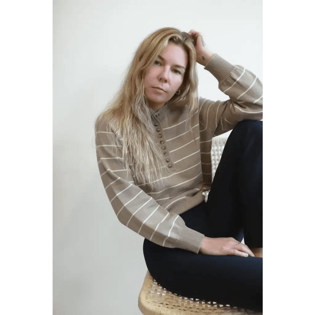 Ellen Henley Sweater in Beige with White Stripes by Polished Prints