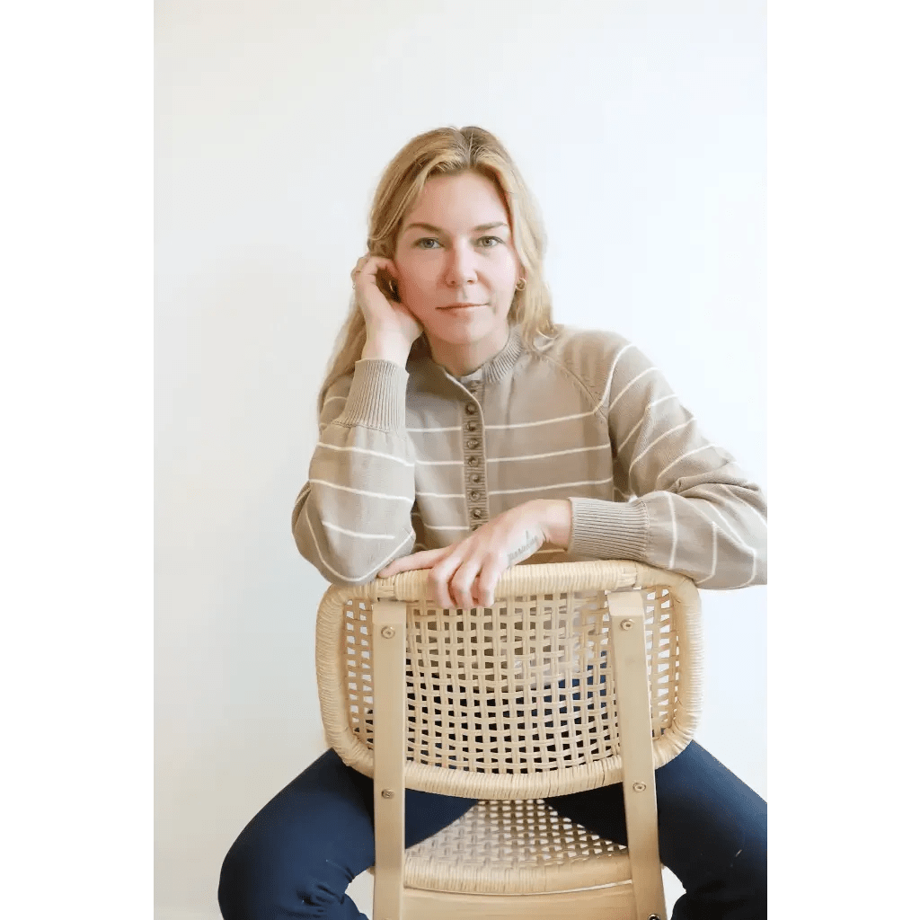 Ellen Henley Sweater in Beige with White Stripes by Polished Prints