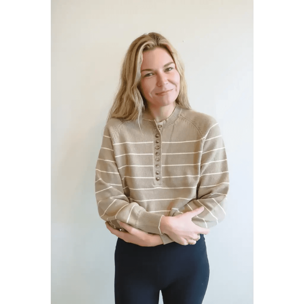 Ellen Henley Sweater in Beige with White Stripes by Polished Prints