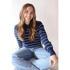 Ellen Henley Sweater in Navy with White Stripes