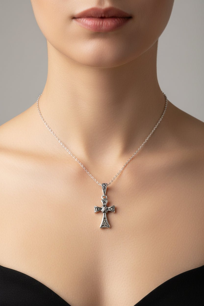 Elowen Marcasite Cross Necklace in Sterling Silver Pendant La Vie Bien Elowen Marcasite Cross Necklace in Sterling Silver