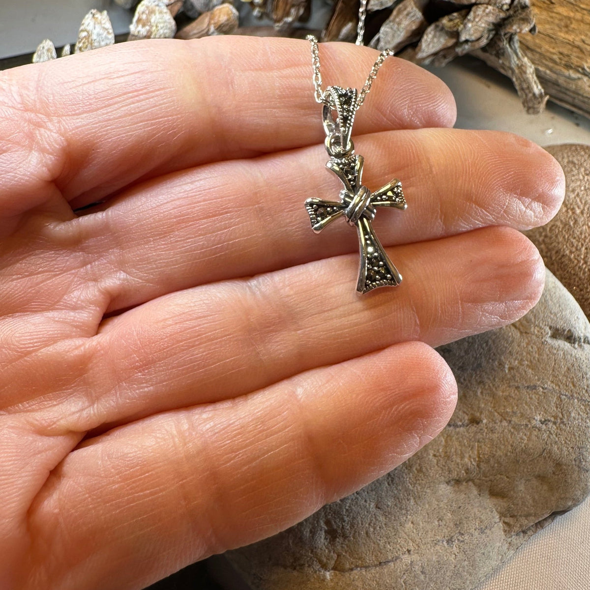 Elowen Marcasite Cross Necklace in Sterling Silver Pendant La Vie Bien Elowen Marcasite Cross Necklace in Sterling Silver