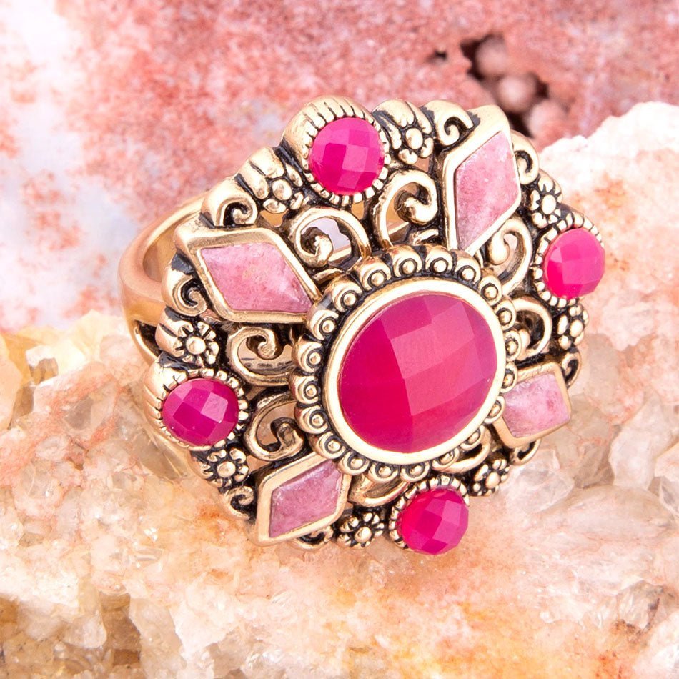Embellished Pink Quartz Golden Statement Ring Rings La Vie Bien Embellished Pink Quartz Golden Statement Ring