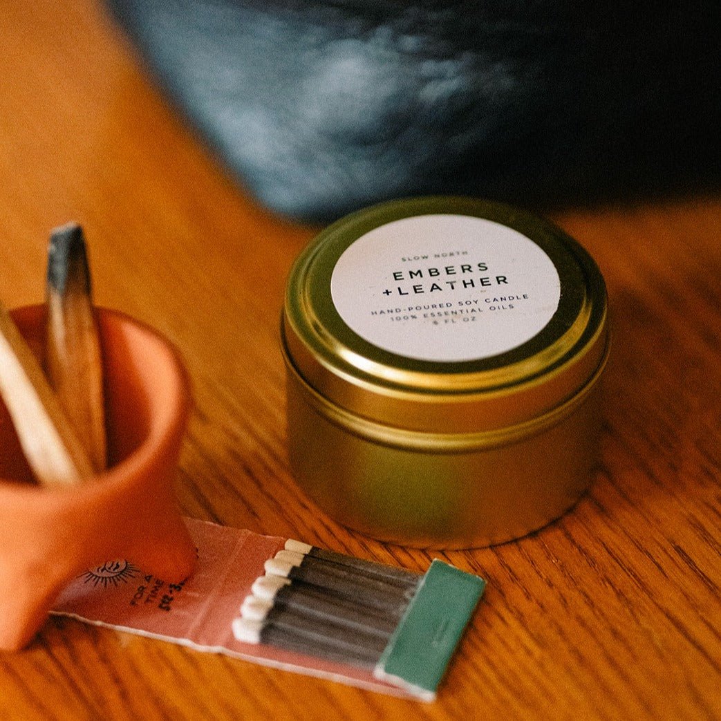 Embers + Leather - Vetiver + Cedar + Patchouli Travel Tin Candles La Vie Bien Embers + Leather - Vetiver + Cedar + Patchouli