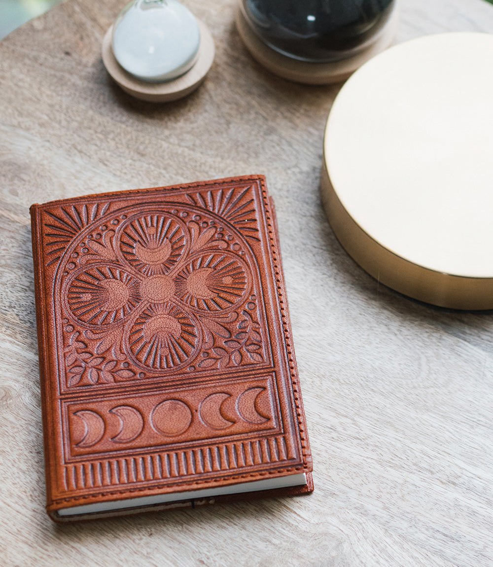 Embossed Brown Leather Moon Phase 5x7 Journal - Refillable Cruelty-Free HME stock line La Vie Bien Embossed Brown Leather Moon Phase 5x7 Journal - Refillable Cruelty-Free