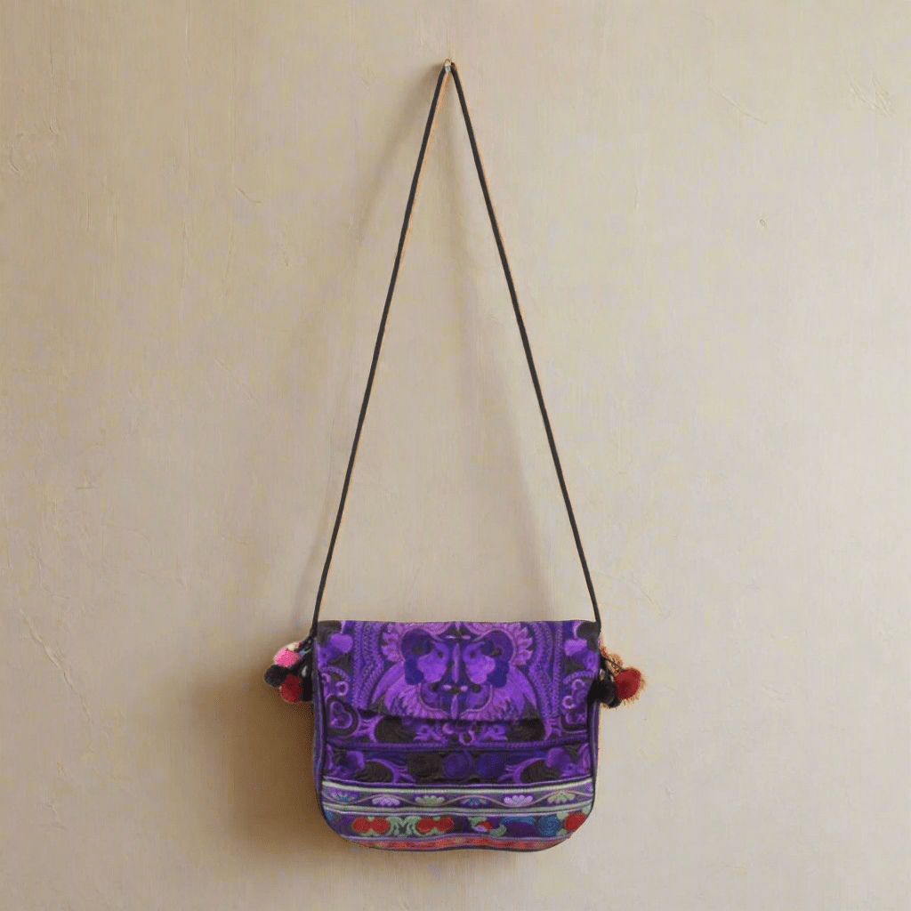 Embroidered Birds Hmong Style Purple Pompom Crossbody Bag - Thailand Bags La Vie Bien Embroidered Birds Hmong Style Purple Pompom Crossbody Bag - Thailand