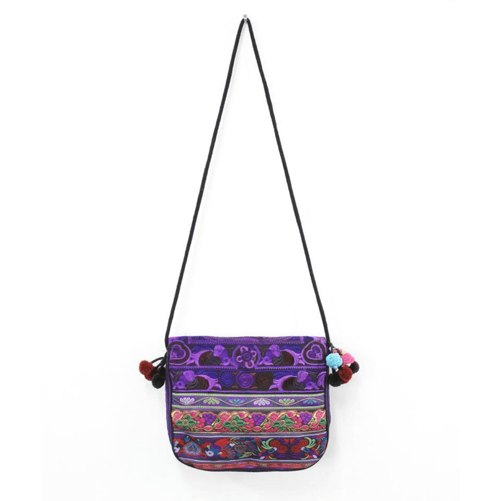 Embroidered Birds Hmong Style Purple Pompom Crossbody Bag - Thailand Bags La Vie Bien Embroidered Birds Hmong Style Purple Pompom Crossbody Bag - Thailand