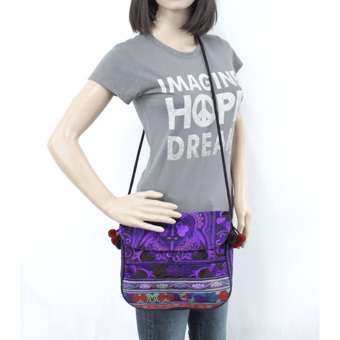 Embroidered Birds Hmong Style Purple Pompom Crossbody Bag - Thailand Bags La Vie Bien Embroidered Birds Hmong Style Purple Pompom Crossbody Bag - Thailand