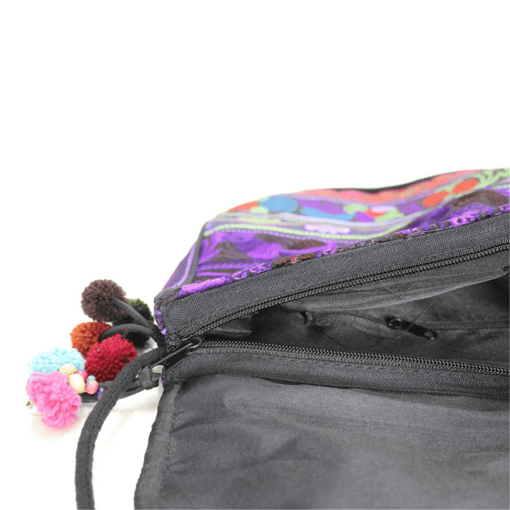 Embroidered Birds Hmong Style Purple Pompom Crossbody Bag - Thailand Bags La Vie Bien Embroidered Birds Hmong Style Purple Pompom Crossbody Bag - Thailand