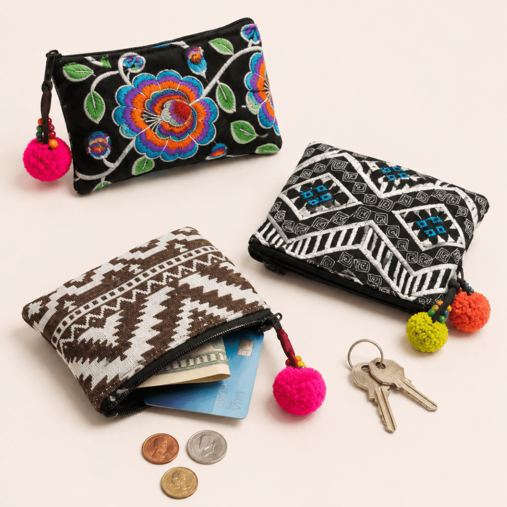 Embroidered Coin Purse Florals and Geometrics Assorted - Thailand Bags La Vie Bien Embroidered Coin Purse Florals and Geometrics Assorted - Thailand
